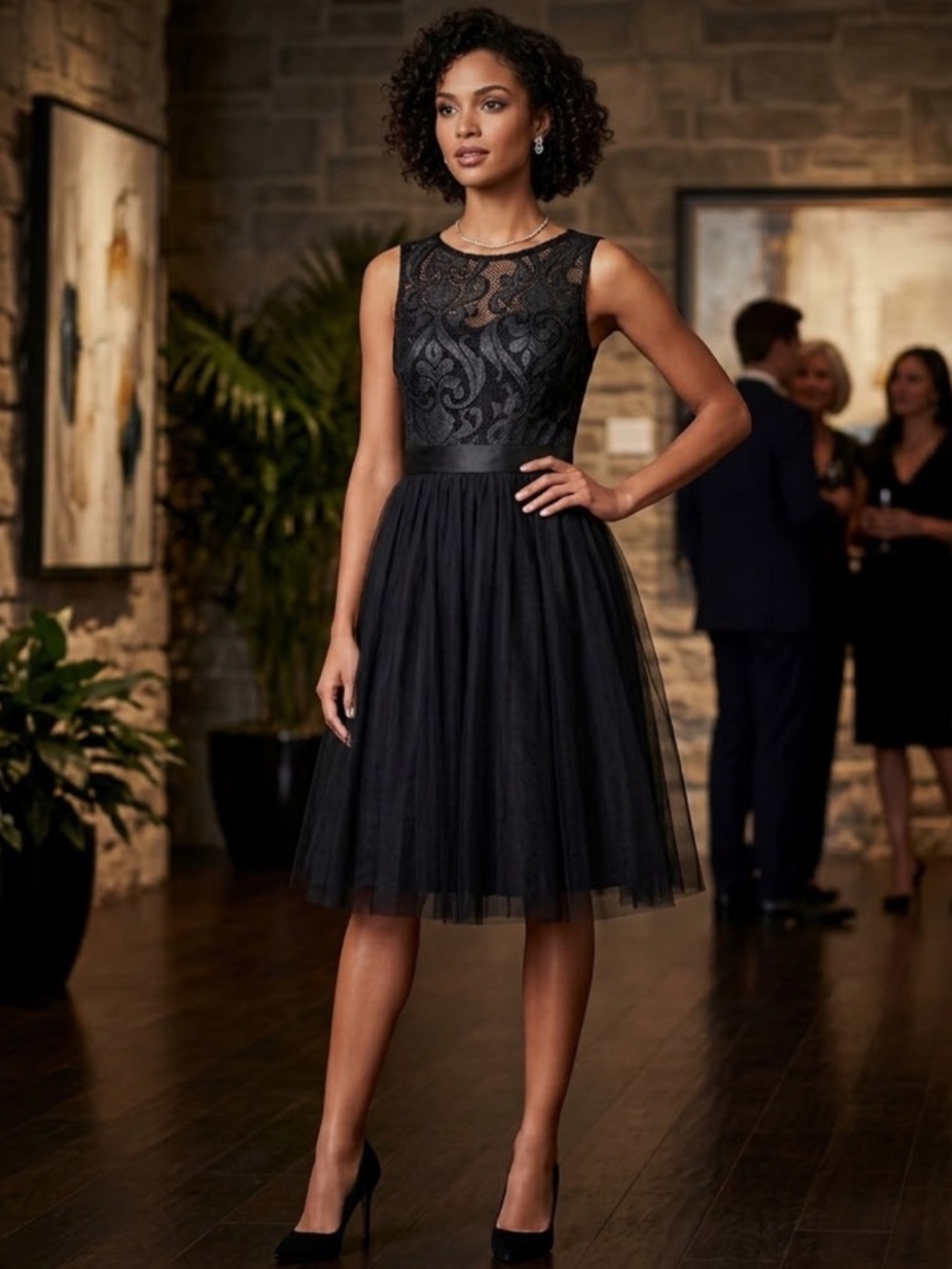 Miss Avenue Black Tulle Midi Dress Sleeveless Fit & Flare Party Dress L